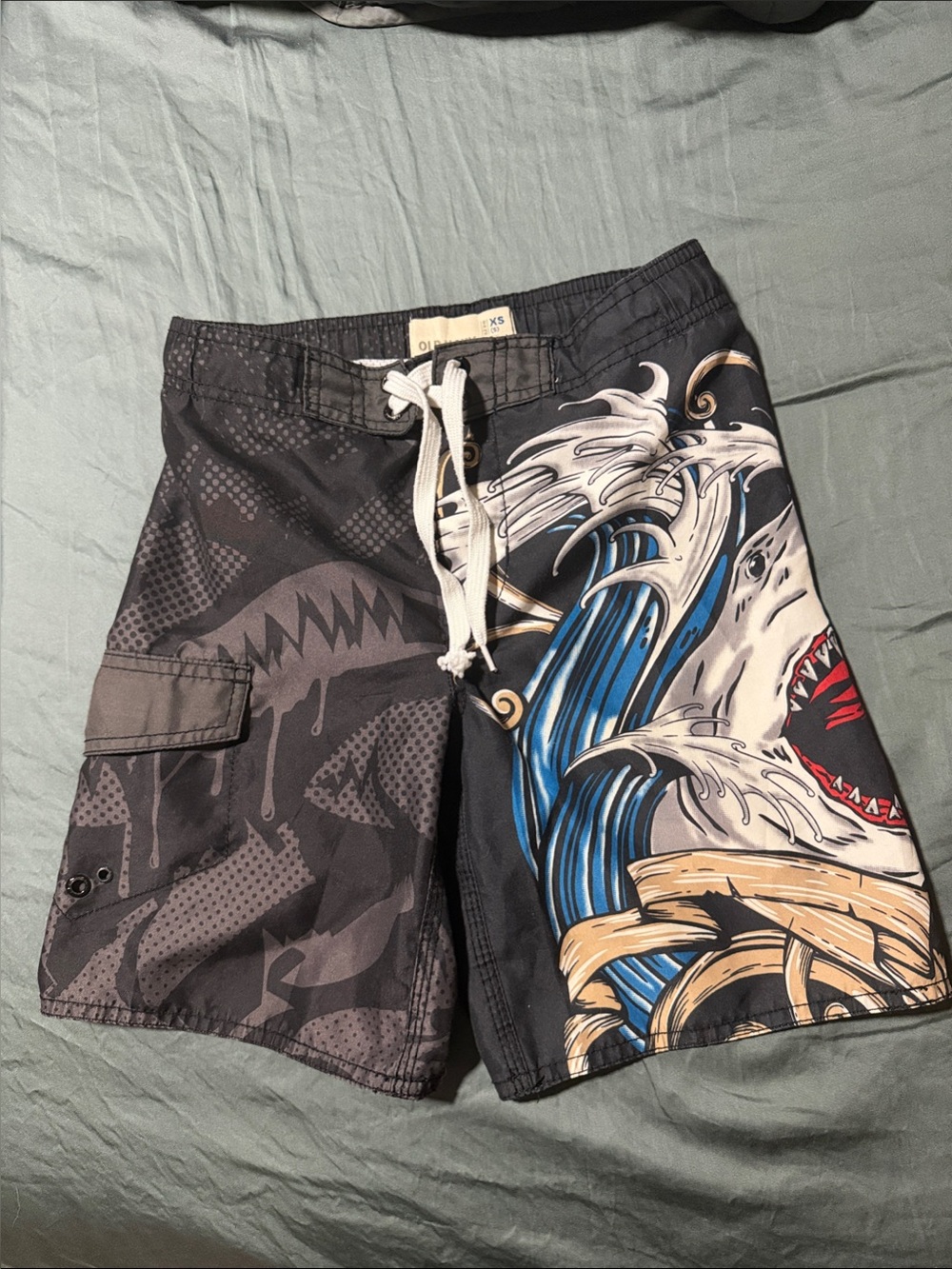 Old Navy Black Swim Trunks with Shark and Blue Wave Graphic